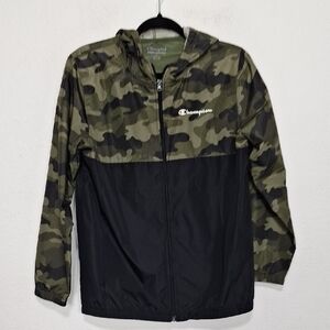 Champion Kids Green Black Camouflage Outdoor Full Zip Hooded Jacket Size L